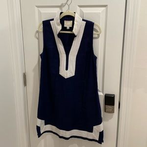 Color blocking navy dress with white border detail sleeveless